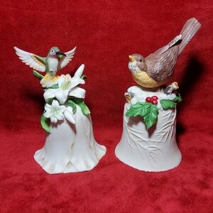 Lot of 2 Home Trends Porcelain Christmas Bird & Lily Hummingbird Dinner Bells